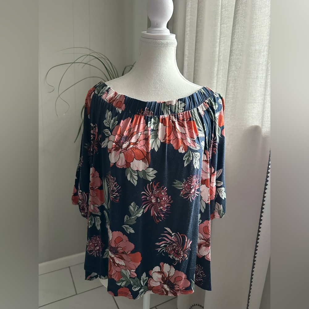 Loveappella Navy Floral Off-Shoulder Blouse